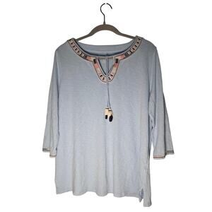 Talbots Blue Embroidered Keyhole Neckline Ties Knit Large Petite Lagenlook Flowy